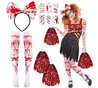 DPKOW Zombie Animadora Accesorios de Disfraz de Halloween para Niños Niñas Mujeres, Pompones de Animadora Rojos Medias Diadema Halloween Temporales Tatuajes Cicatriz Halloween Zombie Cheerleader Sets