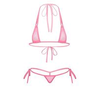 dPois Bikini Mujer Transparente Braga Alta Conjunto de Lenceria Crop Top Tanga G-String Picadías Braguitas Tiras Ropa Erótica Babydoll Traje de Baño Rosa Talla Única