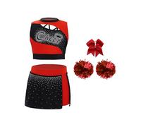 dPois Conjundo De Danza De Porristas Niñas Crop Top + Minifalda Con Pompones Pinza Traje De Animadora Líder Uniforme De Animación Carnaval Rojo 11-12 años