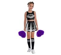 dPois Disfraz Animadora Para Niñas Crop Top De Danza Sin Mangas + Falda Plisada Con Pompones Ropa De Fiesta Actuación Competencia Negro 5-6 años