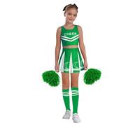dPois Disfraz Animadora Para Niñas Crop Top De Danza Sin Mangas + Falda Plisada Con Pompones Ropa De Fiesta Actuación Competencia Verde 7-8 años