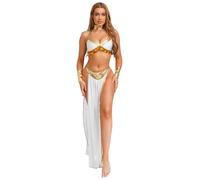 dPois Disfraz Dama Medieval Mujer Crop Top Cuello Hálter Con Lentejuelas Falda De Gasa Conjundo De Danza Del Vientre Ropa De Baile Para Fiesta Blanco S