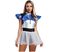 dPois Disfraz De Cosplay De Alienígena para Mujer Vestido De Baile Lentejuelas Disfraz del Espacio Exterio Ropa De Fiesta Temática Halloween Plateado XL