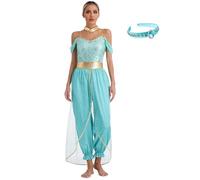 dPois Disfraz Princesa Árabe Sexy De Jazmín Para Mujer - Pelele De Lentejuelas Con Diadema Para Cosplay Halloween Carnaval - Turquesa XL