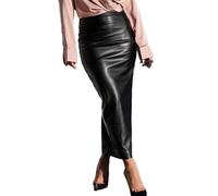 dPois Faldas Midi de Cuero para Mujer Maxi Falda Ajustada con Abertura Lateral elástica Falda Elástico Tubo línea A Bodycon Club Maxi Falda Larga Negro A M