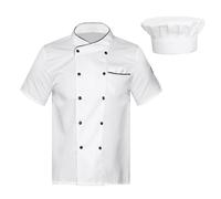 dPois Hombre Mujer Unisex Abrigo Cocina Uniforme De Trabajo Con Sombrero Transpirable Camisa Con Cuello Levantado Ropa De Cocina Hotel Restaurante Manga corta blanca B M