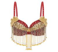 dPois Top Corto De Danza del Vientre para Mujer Sujetador De Danza Latina con Borlas De Lentejuelas Brillantes Disfraz para Fiesta De Discoteca Rojo Talla única