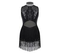 dPois Vestido de Baile Latina para Niña con Flecos Maillot de Ballet Danza Lentejuelas Body de Danza Traje de Baile Salsa Samba Disfraz de Bailarina A Negro 15-16 años