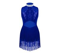 dPois Vestido de Baile Latina para Niña con Flecos Maillot de Ballet Danza Lentejuelas Body de Danza Traje de Baile Salsa Samba Disfraz de Bailarina A Azul 15-16 años