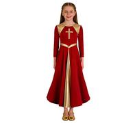 dPois Vestido De Danza Alabanza Largo para Niñas Vestido Himno Manga Larga con Empalme Metálico Dorado Ropa De Fiesta Flamenco Cóctel Niña Rojo C 9-10 años