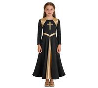 dPois Vestido De Danza Alabanza Largo para Niñas Vestido Himno Manga Larga con Empalme Metálico Dorado Ropa De Fiesta Flamenco Cóctel Niña Negro C 13-14 años