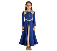 dPois Vestido De Danza Alabanza Largo para Niñas Vestido Himno Manga Larga con Empalme Metálico Dorado Ropa De Fiesta Flamenco Cóctel Niña Azul Real C 11-12 años