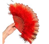 DPSQQ Abanico de Plumas Plegable for niñas, Estilo Vintage, con Encaje de Plumas, for Danza China, Accesorios for representaciones teatrales, Adornos Decorativos for el hogar (Rojo)(Red)