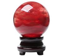 DPURPIWADY Home Decoration Red Crystal Ball Melting Crystal Quartz Sphere with Wood Stand Office FengShui Decoration Ball Stone,16cm/6.3in
