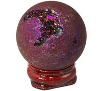 DPURPIWADY Titanium Coated Agate Geode Crystal Sphere Ball with Wooden Stand, Rainbow Quartz Stone Sphere Gift Ornament,Color-40mm