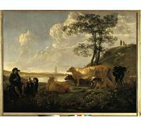DQCJIYIGL Lienzo con Imagen Cuadro Pared Lienzo Paesaggio vicino a Rhenen Animali al pascolo e pastore che suona il flauto di Aelbert Cuyp para la Decoración de la Sala de Estar 60x90cm