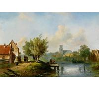 DQCJIYIGL Pinturas Famosas Carteles e Impresos Arte Della Tela Figure vicino a una locanda in al fiume di Charles Henri Leickert para la Decoración del Hogar del Dormitorio 60x90cm