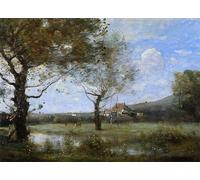 DQCJIYIGL Pinturas Famosas Carteles e Impresos Arte Della Tela Prato con due grandi alberi di Jean baptiste camille Corot para la Decoración del Hogar del Dormitorio 60x90cm