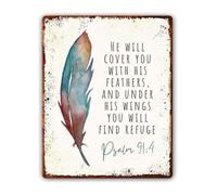 DQFOCPHHAA Under His Wings You Will Find Refuge Psalm 91 Metal Tin Sign Vintage Scripture Wall-Art Religious Home Decor 8 X 12 in