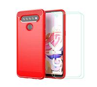 DQG Funda para LG K51S, Fibra de Carbono Carcasa TPU Suave + 2 Piezas Protector de Pantalla Templado Film Caso Carbon Fiber Case para LG K51S (6.55") - Rojo