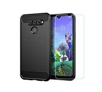 DQG Funda para LG Q60 (6.26"), Ultra Slim Fibra de Carbono Carcasa Suave TPU Silicona Caso Case Cover + Protector de Pantalla Templado Film Protectora - Negro