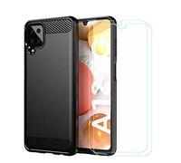 DQG Funda para Samsung Galaxy A12, Fibra de Carbono Carcasa TPU Suave + 2 Piezas Protector de Pantalla Templado Film Caso Carbon Fiber Case para Samsung Galaxy A12 (6.5") - Negro