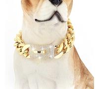 DQZRTUECA Collar de cadena de oro for perros con diamantes, collar for perros de lujo brillante de 19 mm, correa for perros de oro elegante con adornos de cristal brillantes, eslabones fuertes y hebil