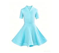 DQZRTUECA Vestuario de Baile de Tango Latino, Vestido de Baile Latino con Mangas for niña Salsa Rumba Cha Samba Tango 2 Piezas Multicolor Múltiples tamaños(Sky Blue Short,2XL)