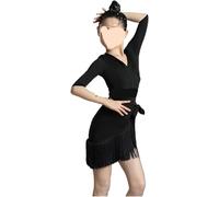 DQZRTUECA Vestuario de Baile de Tango Latino, Vestido de Baile Latino sin Mangas Corto Borla Encaje Malla Salsa Tango niñas Rojo Negro S-4XL(Short Black,2XL)