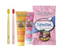 Dr. Bauer's Juego de 2 cepillos de dientes Daily Love Mediano, Xylinetten Tutti Frutti 60 g, Lovely Friends Unicornio Pasta dentífrica 90 ml & Lovely Friends Flamingo Pasta dentífrica 90 ml