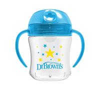 Dr. Brown’s Vaso de Aprendizaje para Bebés +6 Meses 180 ml - Taza de Transición Antigoteo con Boquilla Suave y Asas - Válvula que se Activa por Succión - Sin BPA - Azul Estrellas