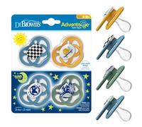 Dr. Brown's Advantage - Chupete para bebé que brilla en la oscuridad, chupete totalmente simétrico con bombilla de silicona suave, color azul caracol natural, 6-18 m, sin BPA, paquete de 4