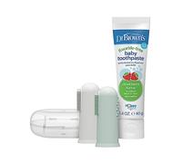 Dr. Brown's Juego de cepillo de dientes y pasta de dientes 100% silicona, paquete de 2 cepillos de dientes con estuche de almacenamiento, pasta de dientes de fresa sin flúor, gris y verde claro