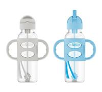Dr. Brown's Milestones - Botella con pajita estrecha antiderrame, con asas 100% de silicona y pajita con peso, 8 oz/250 ml, azul/gris, 6m+