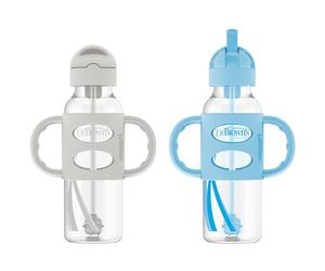 Dr. Brown's Milestones - Botella con pajita estrecha antiderrame, con asas 100% de silicona y pajita con peso, 8 oz/250 ml, azul/gris, 6m+