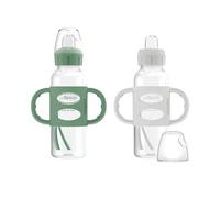 Dr. Brown's Milestones - Botella de boquilla estrecha con asas 100 % de silicona, asas de fácil agarre con boquilla suave, 250 ml, verde y gris, paquete de 2, 6 m +