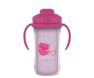 Dr. Brown's Milestones - Vaso aislado con popote y asas, vaso a prueba de derrames con tapa, fresas rosas, 10 onzas/300 ml, sin BPA, más de 12 m