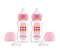 Dr. Brown's Options+ Kit de arranque para botellas de cuello ancho, pezones de nivel 3 con boquilla de transición, paquete de 2 paquetes de 9 onzas, corazones rosas, 6 meses +