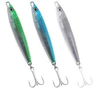 Dr.Fish Juego de 3 señuelos de pesca marítima, plateados, azules, grises, plateados, cucharas, pececillos, caballa, bacalao, lubina, lucio, aguijón, señuelos giratorios de metal, 14 g