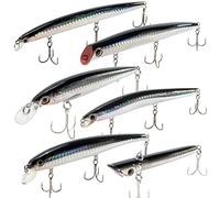 Dr.Fish Juego de 6 señuelos de Pesca de mar, Minnow Pencil Jerbait Walker Popper Top Señuelos de Agua Kit de cebos Duros para lubina, Perca, Trucha, caballa, Lucio, láser holográfico, señuelos de