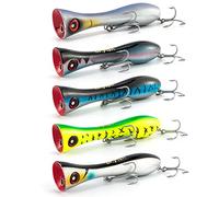 Dr.Fish Paquete de 5 señuelos de pesca de agua salada Topwater Popper, 8 pulgadas, GT Popper VMC, anzuelos triples para surf, señuelos de pesca para atún rayador, pez azul, lápiz Popper, tapones de