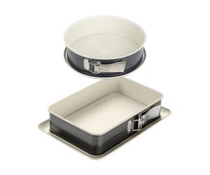 Dr. Oetker 9928950 - Juego de 2 moldes para tartas, bandeja para hornear, molde rectangular con bisagras, molde redondo, acero, cerámica, 28 x 8 cm y 28 x 18 x 7 cm