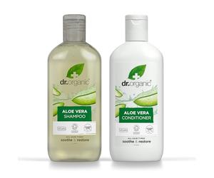 Dr Organic Champú ni acondicionador sin Sulfatos ni Parabenos de Aloe Vera 265 ml x2 | Calmante e Hidratante para Todo Tipo de Cabello, Shampoo Natural, Vegano y Orgánico