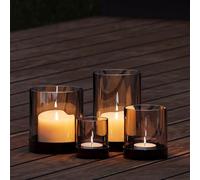 draadwerk® Juego de 4 portavelas, decoración de mesa, vasos de té, metal con recubrimiento de polvo y cristal oscuro, para casa y balcón, ambiente acogedor, color negro