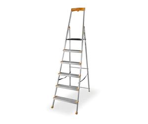 DRABEST Escalera de tijera plegable 6 peldaños - Escalera de aluminio - Escalera plegable robusta con estante y peldaños anchos - 120 mm - Escalera para uso doméstico y trabajo - hasta 150kg