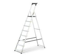 DRABEST - Escalera de tijera Pro, 8 peldaños, 2,37 m | Aluminio para limpiar ventanas, cambiar bombillas y pintar. Plataforma de 25 x 26 cm y gancho para cubos. Hasta 150 kg.