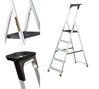 DRABEST Escalera de tijera Serie PRO Escalera de aluminio de 5 peldaños Escalera de tijera plegable con estante Escalera doméstica Capacidad de carga hasta 150 kg Escalera de tijera