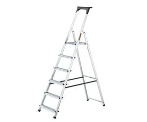 Drabest - Escalera doméstica - Escalera de Mano - 6 peldaños - Altura de Trabajo 3,19 m - Escalera de Mano Plegable de Aluminio, Carga máx. 125kg - con Plataforma de 25 x 26cm, Patas Antideslizantes