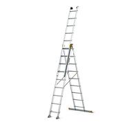 DRABEST - Escalera profesional MAX de aluminio - 3x9 peldaños - peldaños antideslizantes - 5,3 m de longitud - hasta 150 kg - de 3 tramos - para obras - polivalente, escalera de tijera - regulable