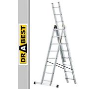 DRABEST Escalera Serie PRO de Aluminio Multiusos de 3 tramos escalera de 3x8 peldaños escalera combinada cargable hasta 150 kg - altura de trabajo 5,05 m - incl. ganchos para el cazo